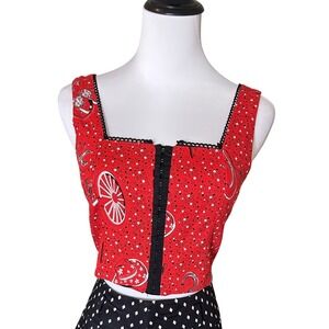Womens Red Western Print Corset Hook Eye Crop Top Small Western Rockabilly